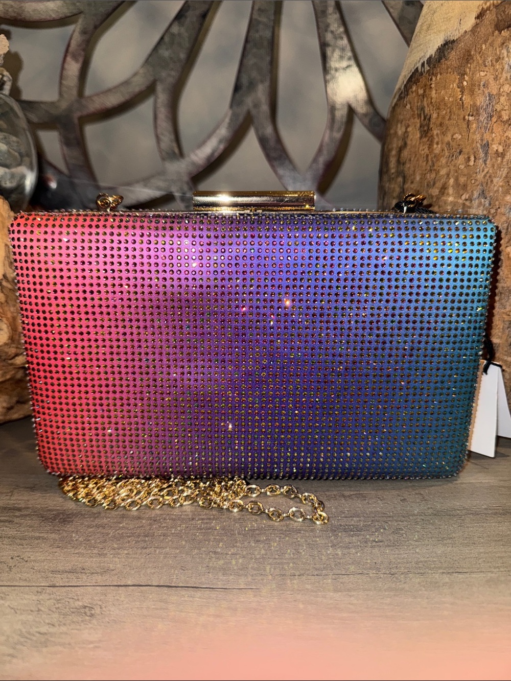Kurt Geiger Rainbow Ombre Crystal Minaudière with Gold Chain - Picture 2 of 4